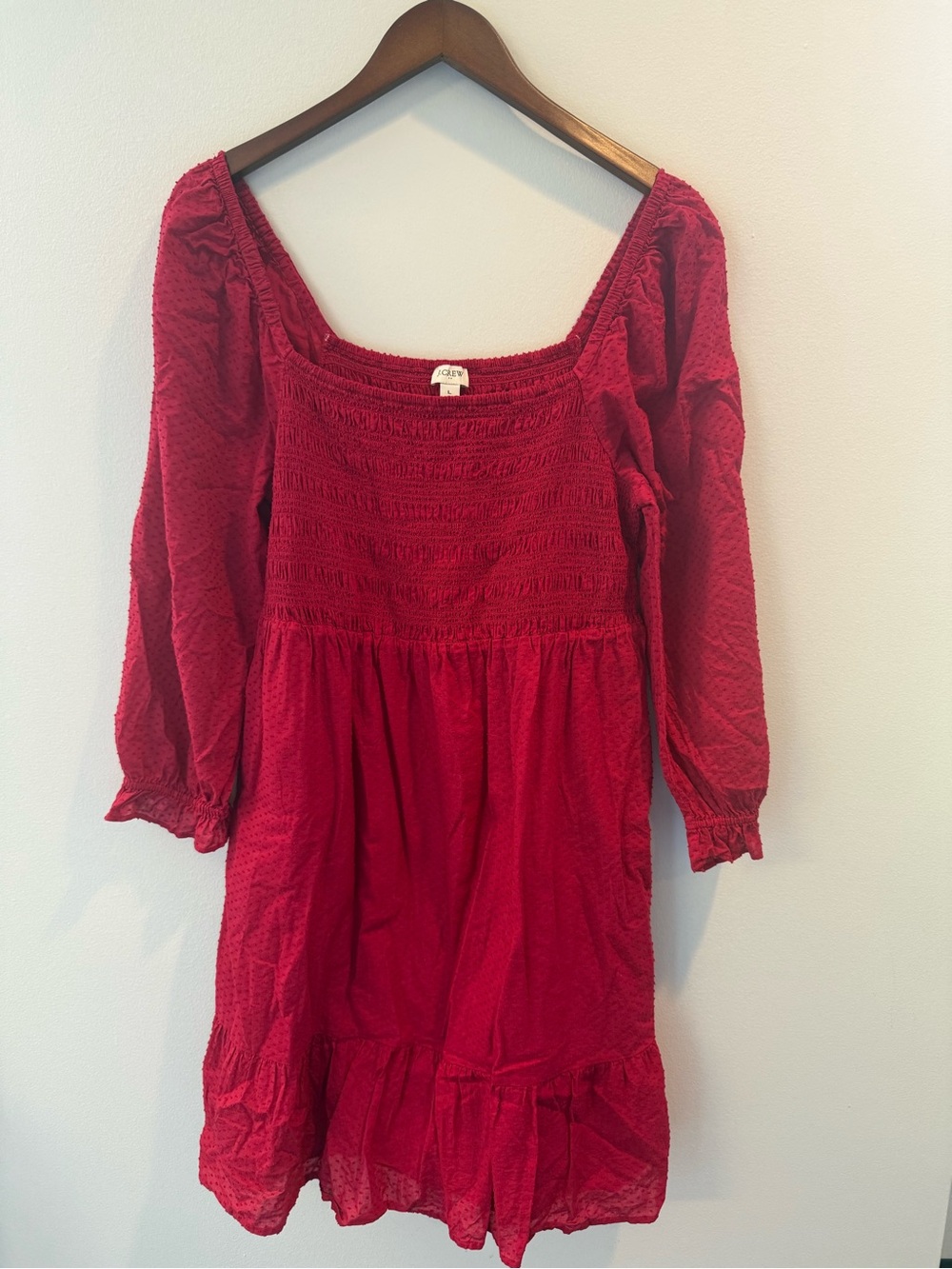 J. Crew Red/Pink  Textured Long Sleeve Smocked Dress, worn once!!